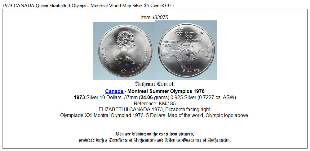 1973 CANADA Queen Elizabeth II Olympics Montreal World Map Silver $5 Coin i83075