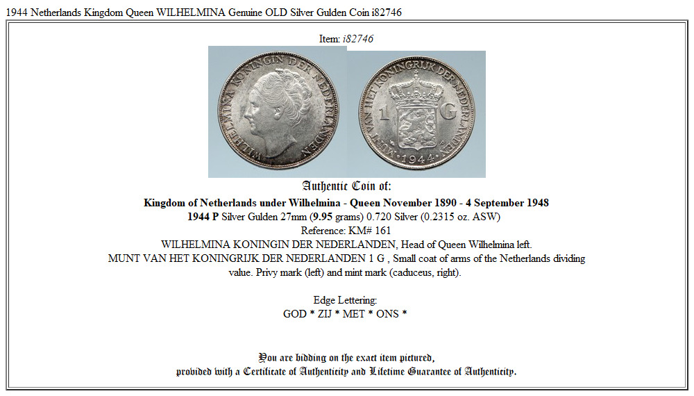 1944 Netherlands Kingdom Queen WILHELMINA Genuine OLD Silver Gulden Coin i82746