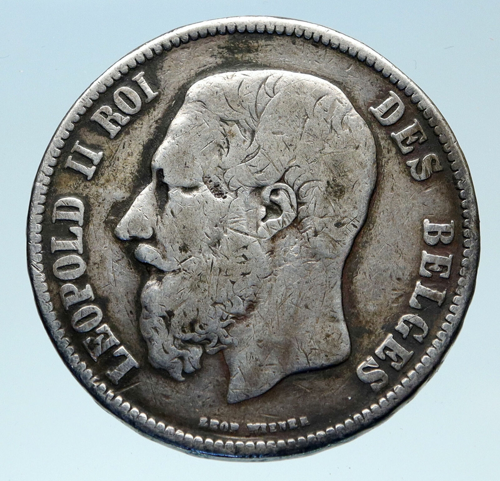 1869 BELGIUM with King LEOPOLD II and LION Genuine Silver 5 Francs Coin i83077