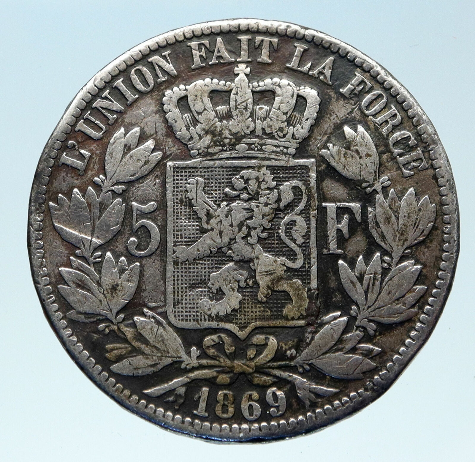 1869 BELGIUM with King LEOPOLD II and LION Genuine Silver 5 Francs Coin i83077