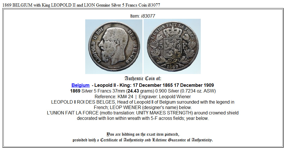 1869 BELGIUM with King LEOPOLD II and LION Genuine Silver 5 Francs Coin i83077