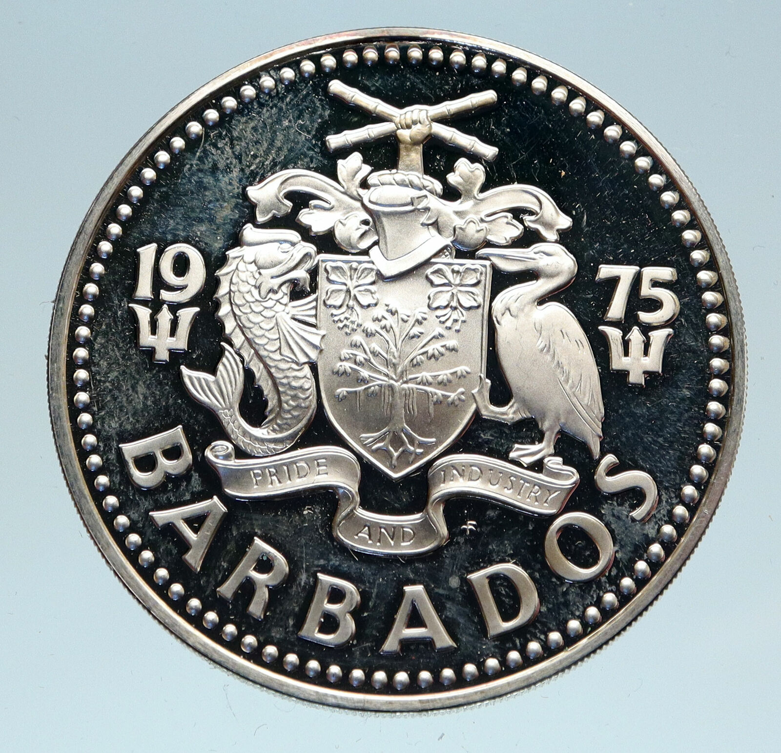 1975 BARBADOS Proof Arms Fountain Trafalgar Antique Silver 5 Dollars Coin i83069