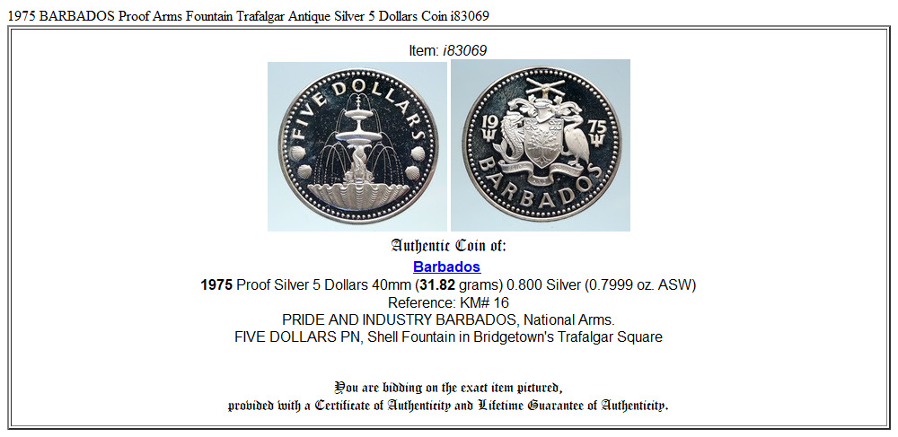 1975 BARBADOS Proof Arms Fountain Trafalgar Antique Silver 5 Dollars Coin i83069