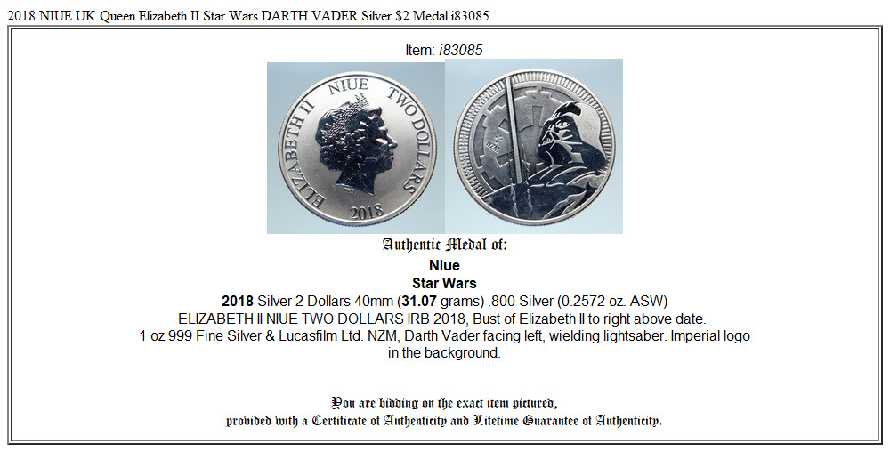 2018 NIUE UK Queen Elizabeth II Star Wars DARTH VADER Silver $2 Medal i83085