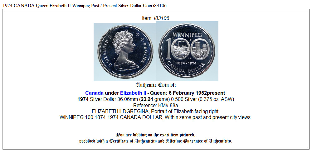 1974 CANADA Queen Elizabeth II Winnipeg Past / Present Silver Dollar Coin i83106