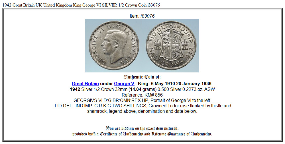 1942 Great Britain UK United Kingdom King George VI SILVER 1/2 Crown Coin i83076