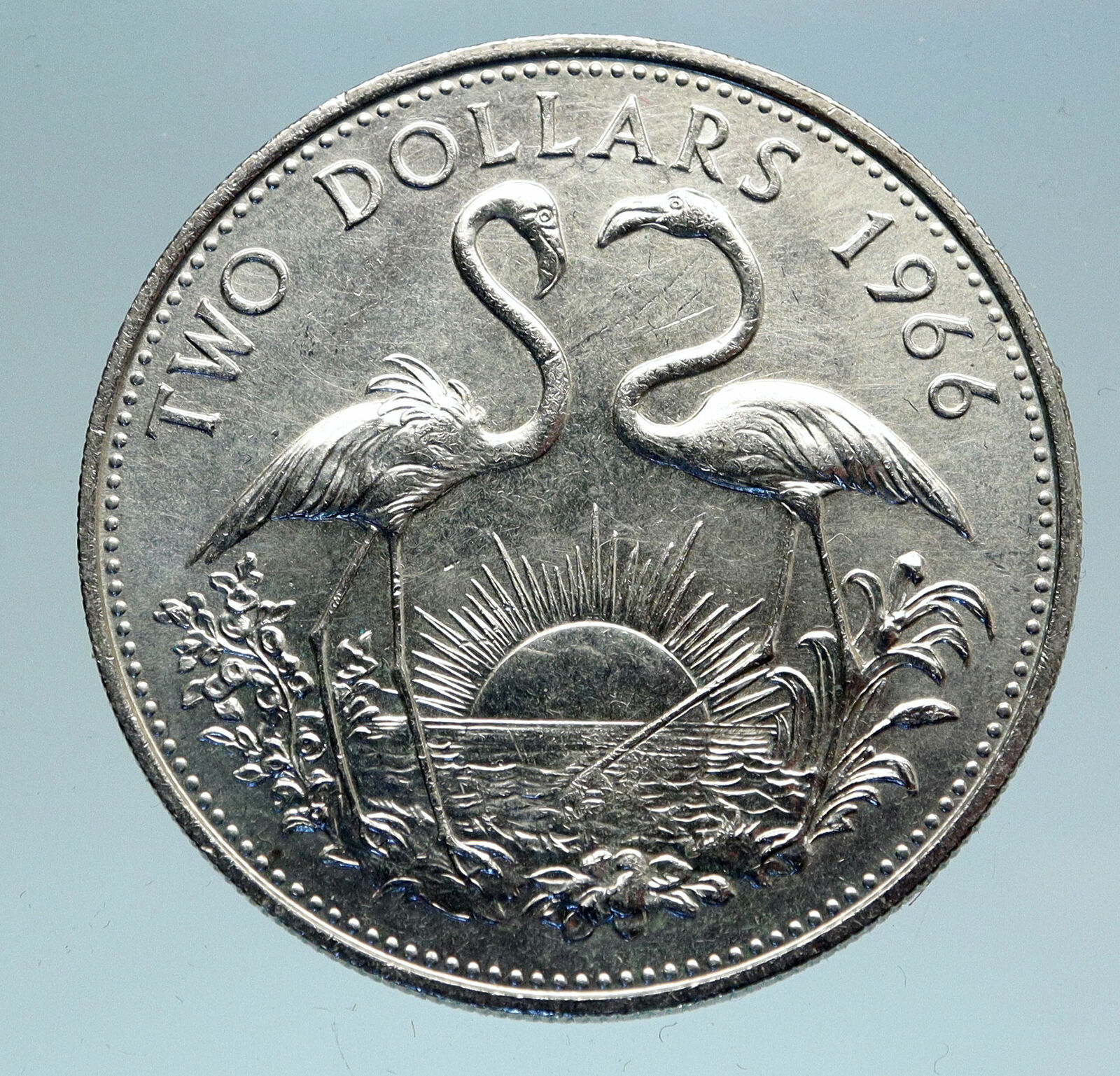 1966 The BAHAMAS SILVER 2 Dollars Large Coin Elizabeth II FLAMINGO Birds i83071