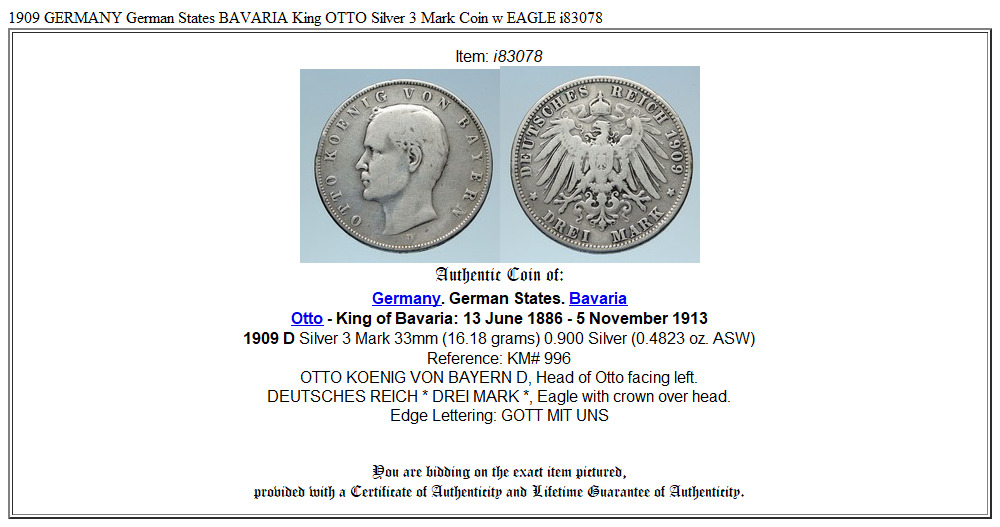 1909 GERMANY German States BAVARIA King OTTO Silver 3 Mark Coin w EAGLE i83078