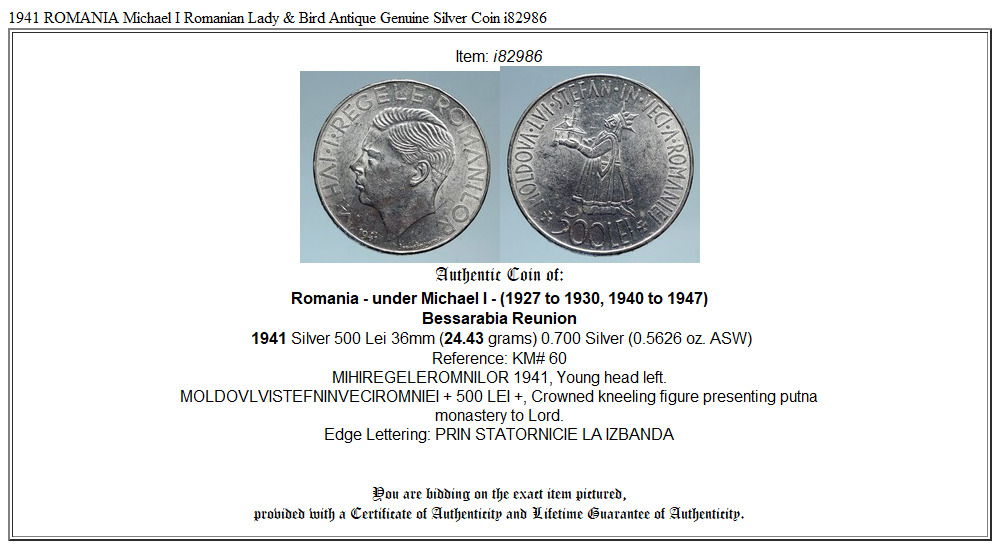 1941 ROMANIA Michael I Romanian Lady & Bird Antique Genuine Silver Coin i82986