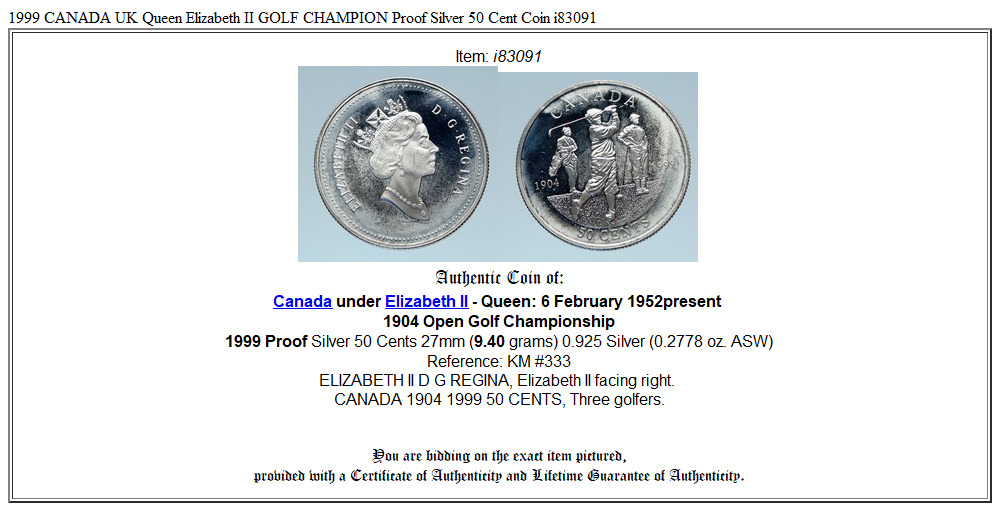 1999 CANADA UK Queen Elizabeth II GOLF CHAMPION Proof Silver 50 Cent Coin i83091