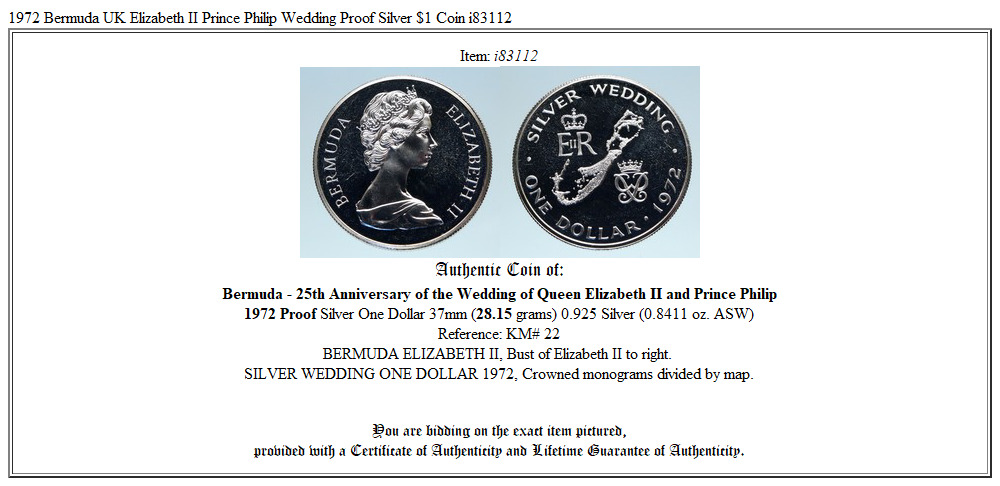 1972 Bermuda UK Elizabeth II Prince Philip Wedding Proof Silver $1 Coin i83112