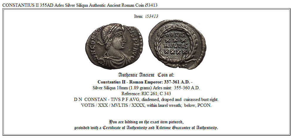 CONSTANTIUS II 355AD Arles Silver Siliqua Authentic Ancient Roman Coin i53413