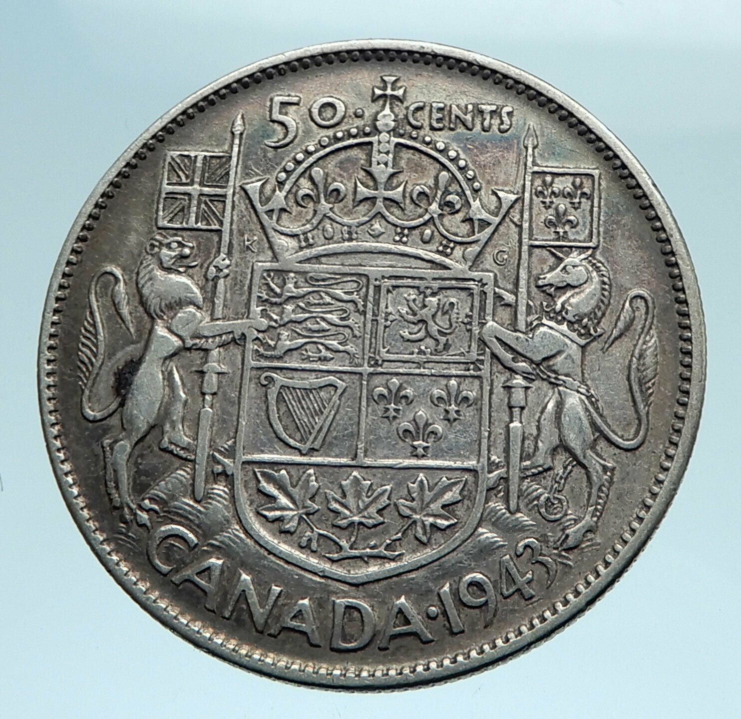 1942 CANADA WWII Time SILVER 50 Cents Coin UK King GEORGE VI Coat-of-Arms i77715