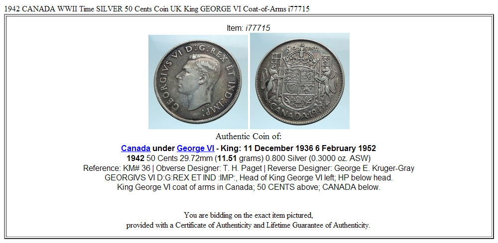 1942 CANADA WWII Time SILVER 50 Cents Coin UK King GEORGE VI Coat-of-Arms i77715