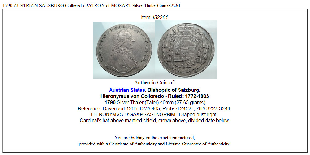 1790 AUSTRIAN SALZBURG Colloredo PATRON of MOZART Silver Thaler Coin i82261