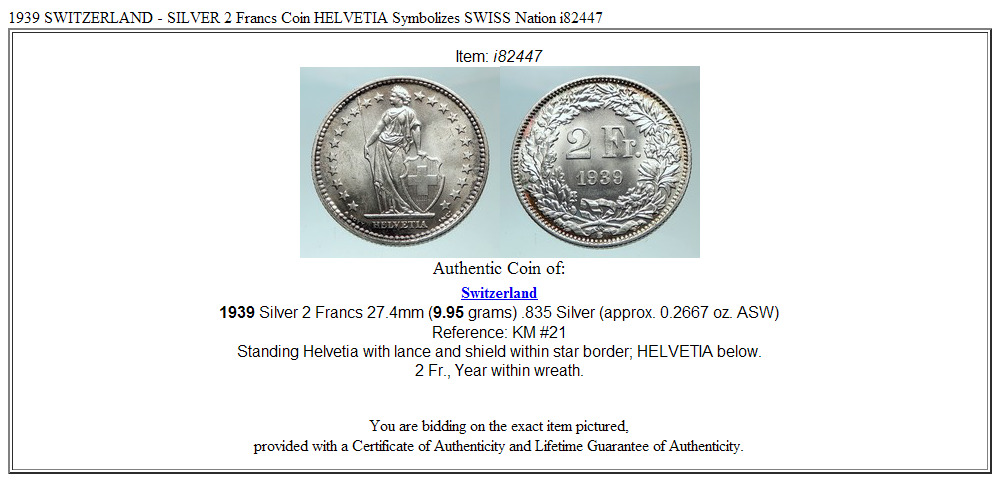 1939 SWITZERLAND - SILVER 2 Francs Coin HELVETIA Symbolizes SWISS Nation i82447