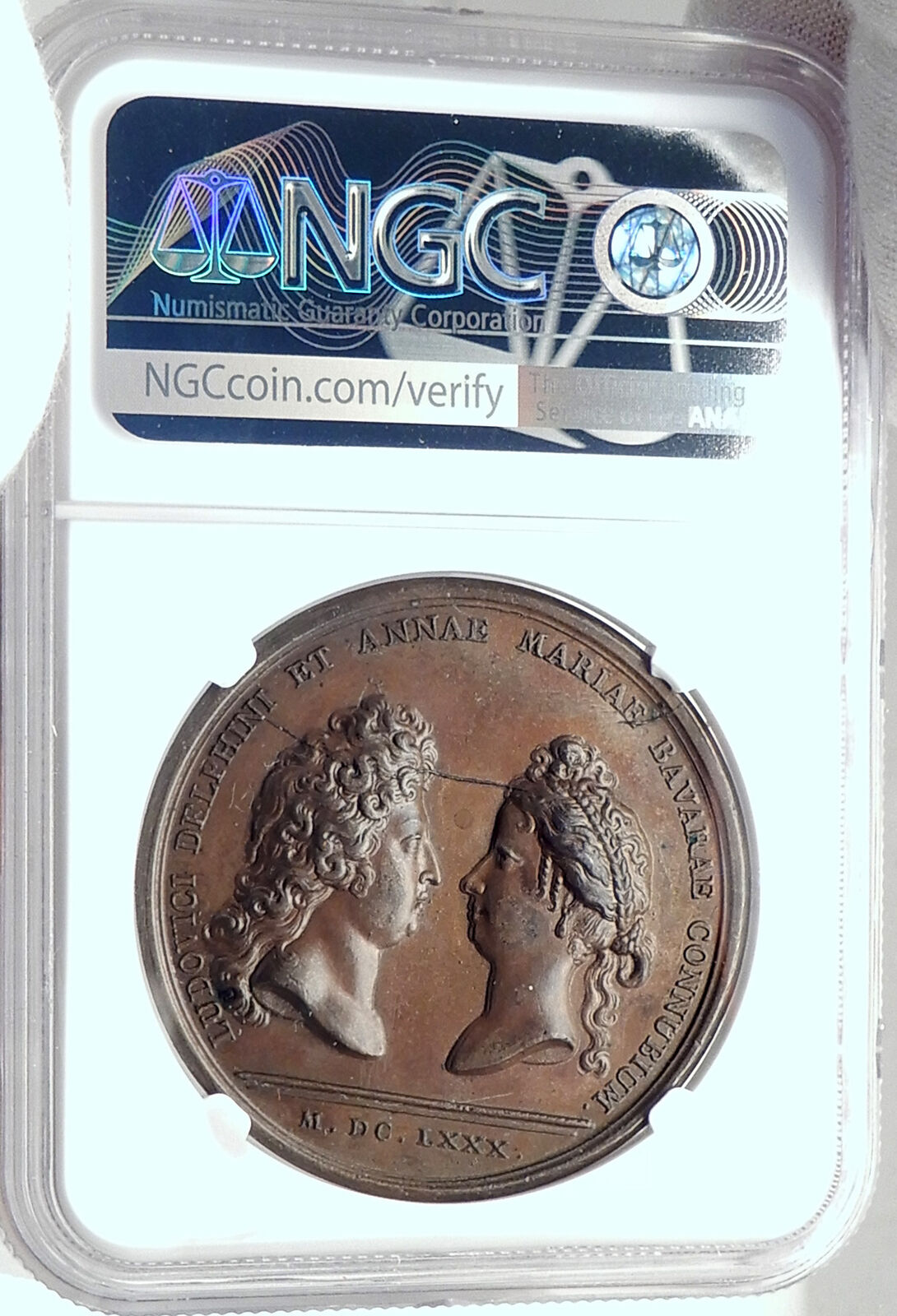 1680 FRANCE King LOUIS XIV & Grand Dauphin Son w Maria Anna MEDAL NGC i82344