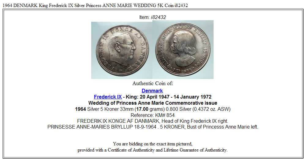 1964 DENMARK King Frederick IX Silver Princess ANNE MARIE WEDDING 5K Coin i82432