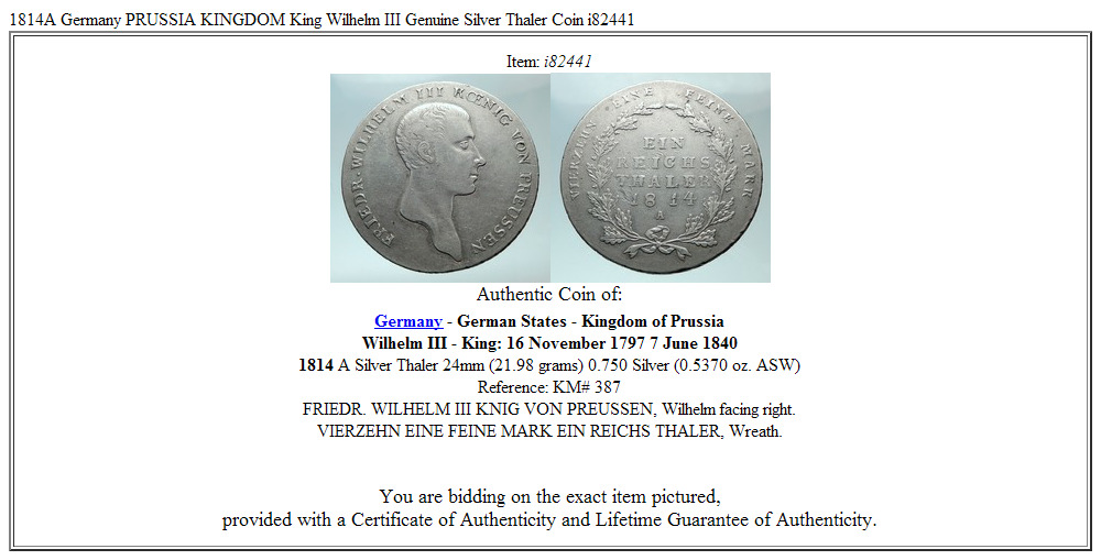 1814A Germany PRUSSIA KINGDOM King Wilhelm III Genuine Silver Thaler Coin i82441