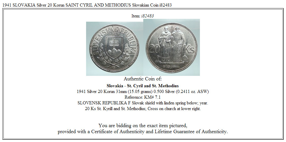 1941 SLOVAKIA Silver 20 Korun SAINT CYRIL AND METHODIUS Slovakian Coin i82483