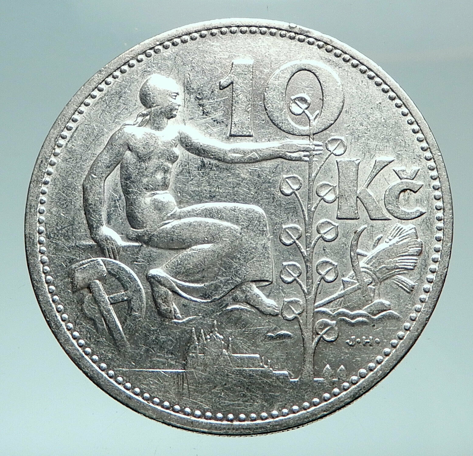 1932 CZECH REPUBLIC Woman & Lime TREE Old Genuine Silver 10 Korun Coin i82476