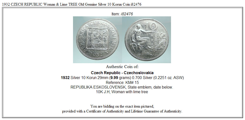 1932 CZECH REPUBLIC Woman & Lime TREE Old Genuine Silver 10 Korun Coin i82476