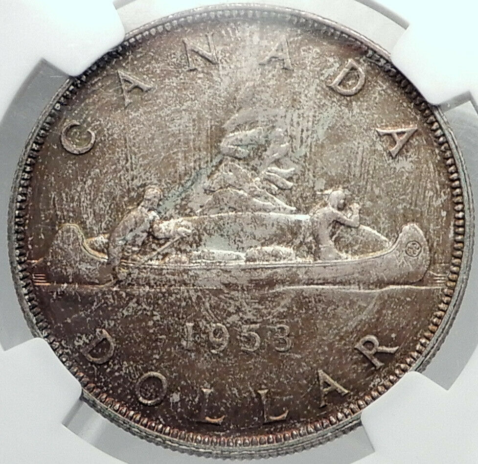 1953 CANADA UK Queen Elizabeth II Canoe Large OLD Silver Dollar Coin NGC i82349