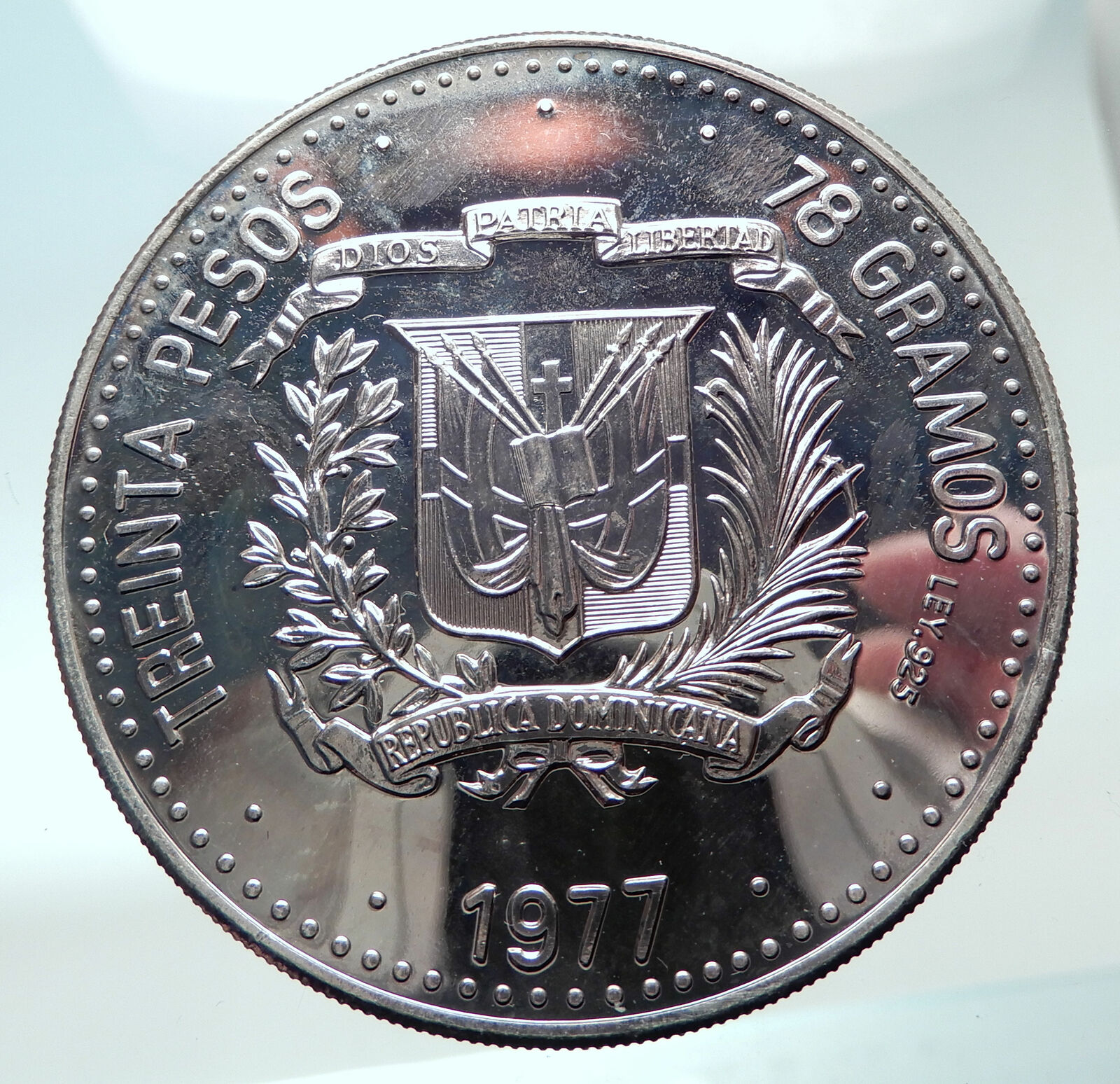 1977 DOMINICAN REPUBLIC 30th Central Bank Silver Proof 30 Pesos Coin i82466