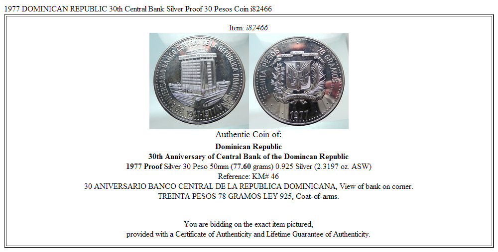 1977 DOMINICAN REPUBLIC 30th Central Bank Silver Proof 30 Pesos Coin i82466