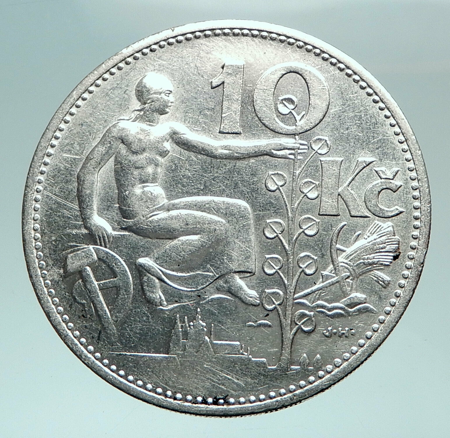 1932 CZECH REPUBLIC Woman & Lime TREE Old Genuine Silver 10 Korun Coin i82480