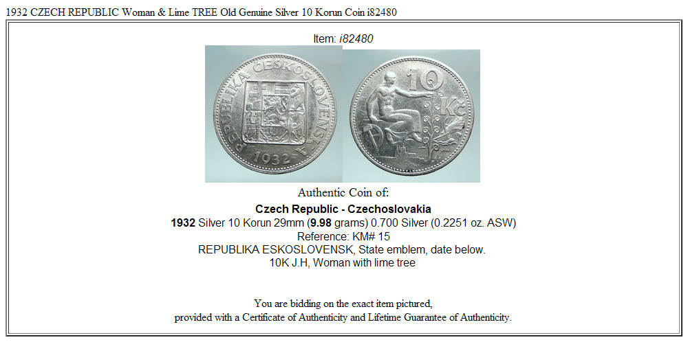 1932 CZECH REPUBLIC Woman & Lime TREE Old Genuine Silver 10 Korun Coin i82480