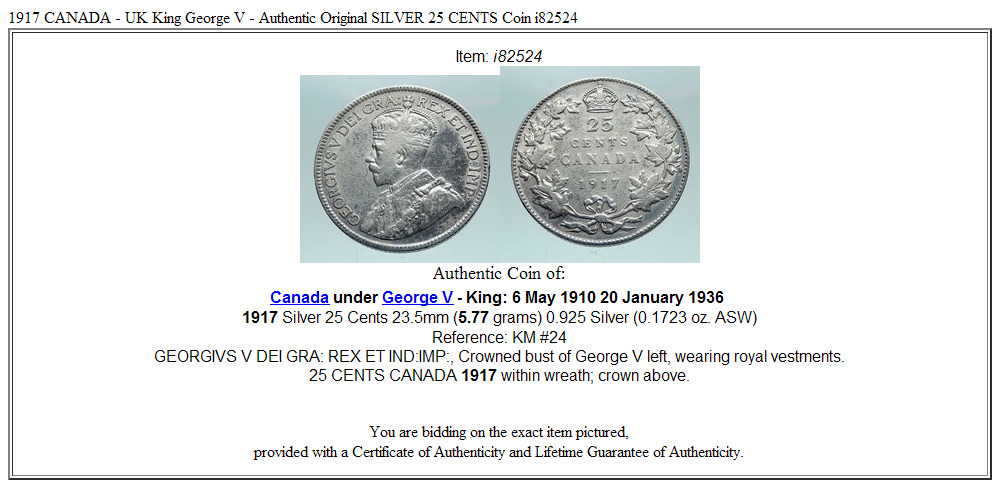 1917 CANADA - UK King George V - Authentic Original SILVER 25 CENTS Coin i82524