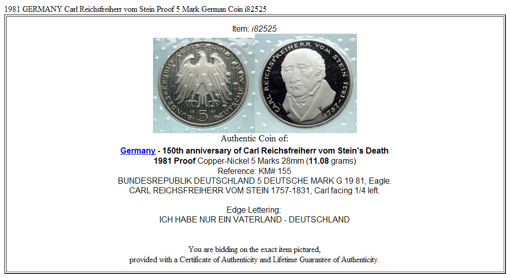 1981 GERMANY Carl Reichsfreiherr vom Stein Proof 5 Mark German Coin i82525