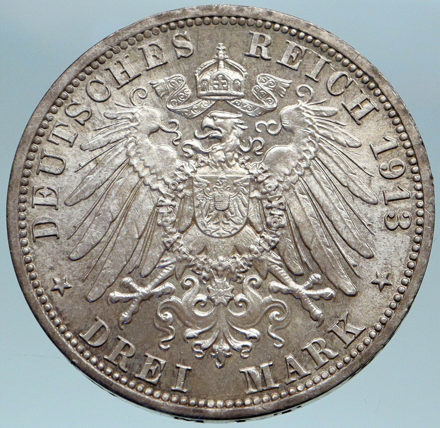 1913 GERMANY GERMAN STATES PRUSSIA WILHELM II Genuine Silver 3 Mark Coin i82783