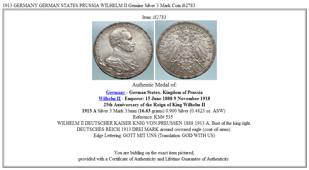 1913 GERMANY GERMAN STATES PRUSSIA WILHELM II Genuine Silver 3 Mark Coin i82783