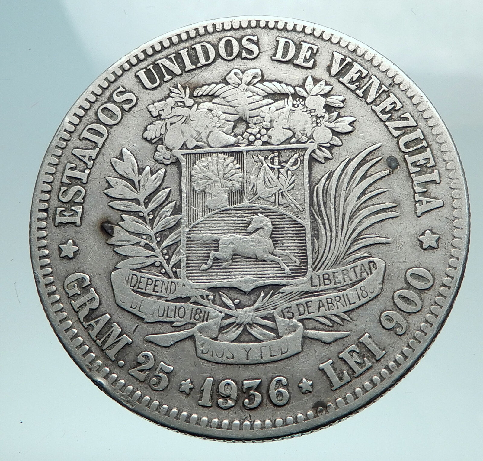 1936 Freemason President Simon Bolivar VENEZUELA Founder 5BLV Silver Coin i82538