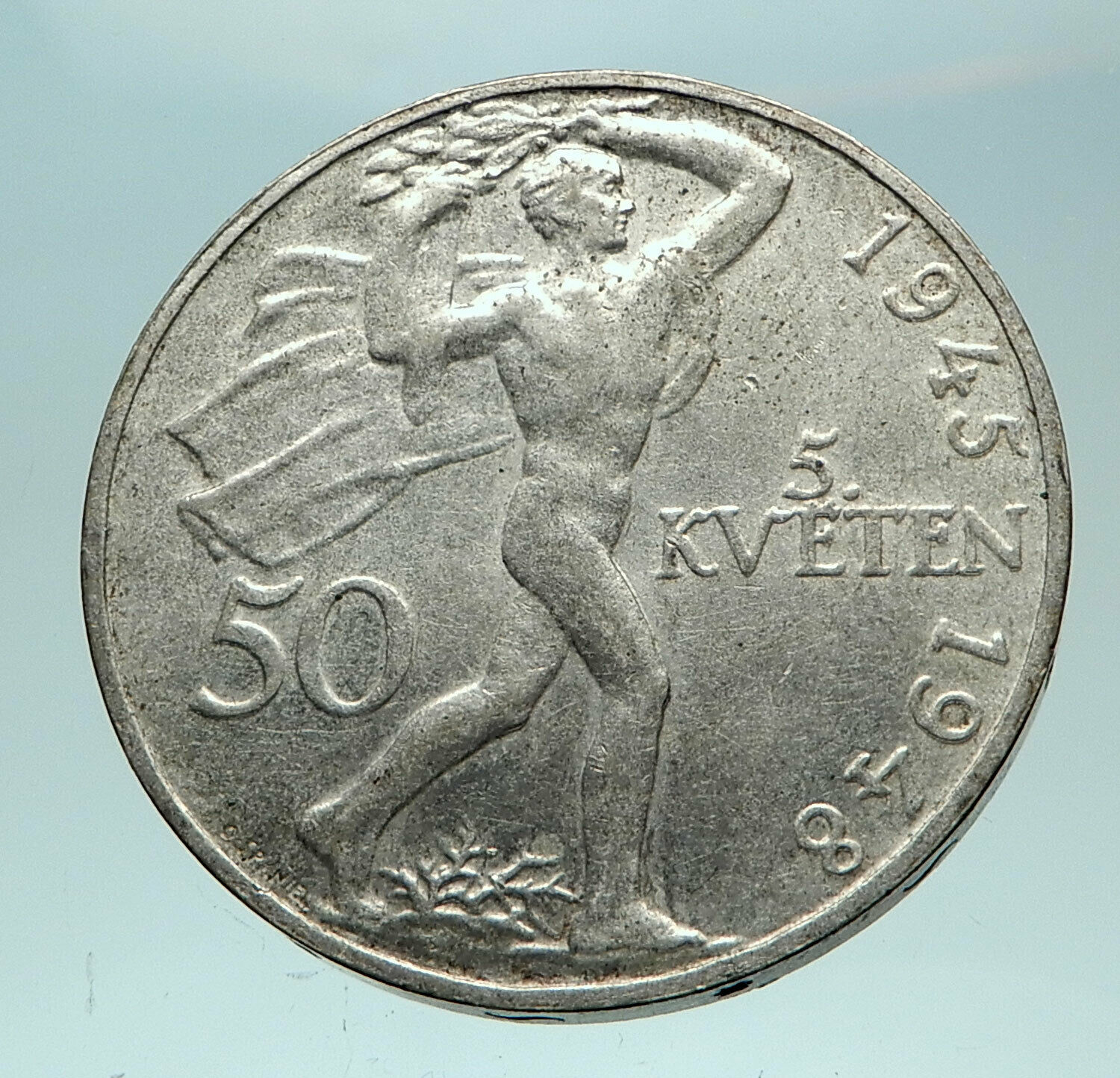 1948 CZECH REPUBLIC Lion & Liberator Man OLD Genuine Silver 50 Korun Coin i82682