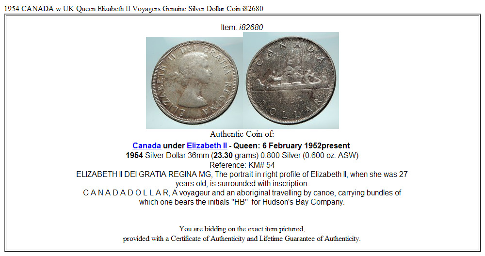 1954 CANADA w UK Queen Elizabeth II Voyagers Genuine Silver Dollar Coin i82680