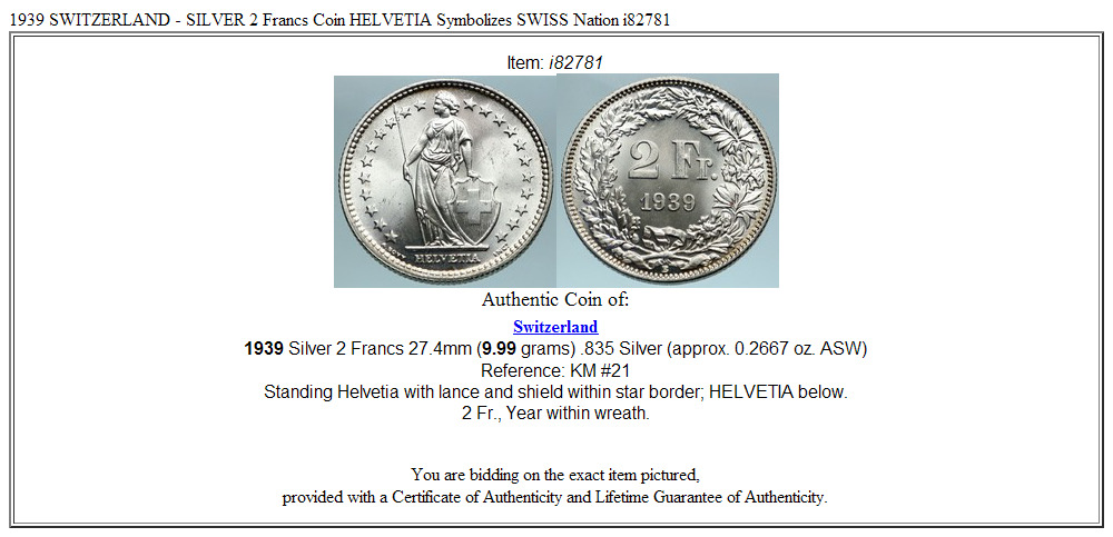 1939 SWITZERLAND - SILVER 2 Francs Coin HELVETIA Symbolizes SWISS Nation i82781