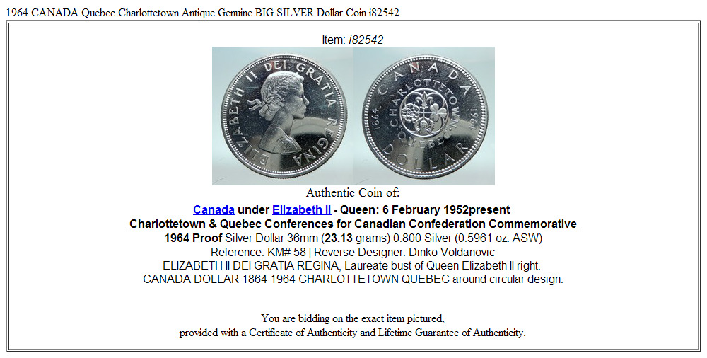 1964 CANADA Quebec Charlottetown Antique Genuine BIG SILVER Dollar Coin i82542