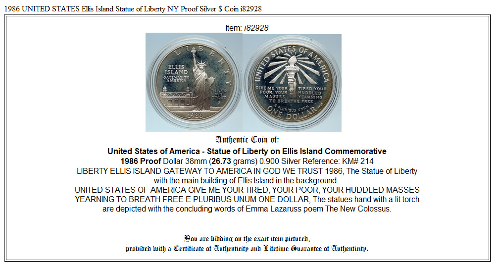 1986 UNITED STATES Ellis Island Statue of Liberty NY Proof Silver $ Coin i82928