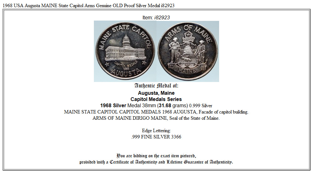 1968 USA Augusta MAINE State Capitol Arms Genuine OLD Proof Silver Medal i82923