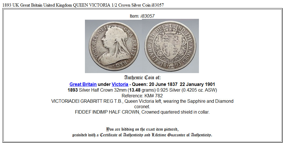 1893 UK Great Britain United Kingdom QUEEN VICTORIA 1/2 Crown Silver Coin i83057