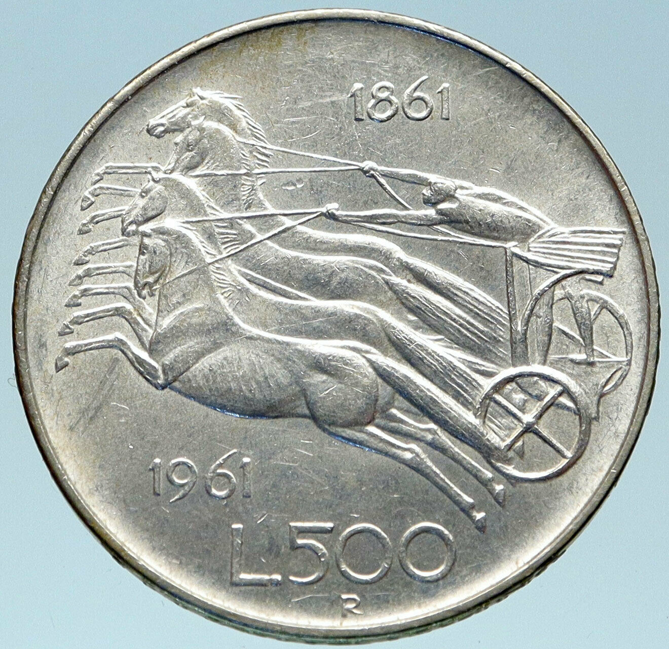 1961 ITALY Silver 500 Lire Coin ITALIAN UNIFICATION Rome Capital CHARIOT i82821