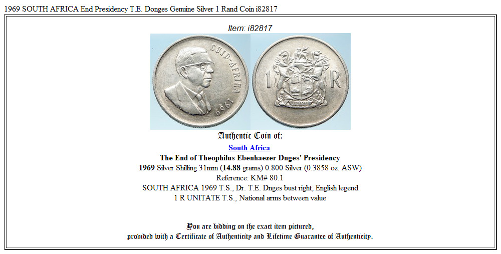 1969 SOUTH AFRICA End Presidency T.E. Donges Genuine Silver 1 Rand Coin i82817