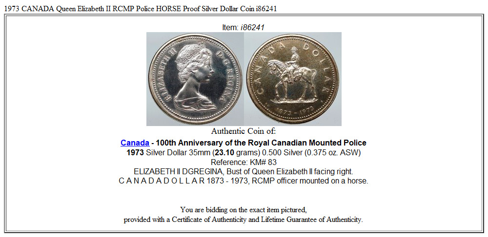 1973 CANADA Queen Elizabeth II RCMP Police HORSE Proof Silver Dollar Coin i86241