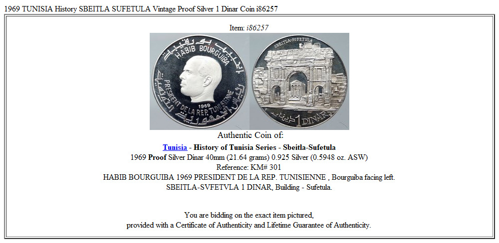 1969 TUNISIA History SBEITLA SUFETULA Vintage Proof Silver 1 Dinar Coin i86257