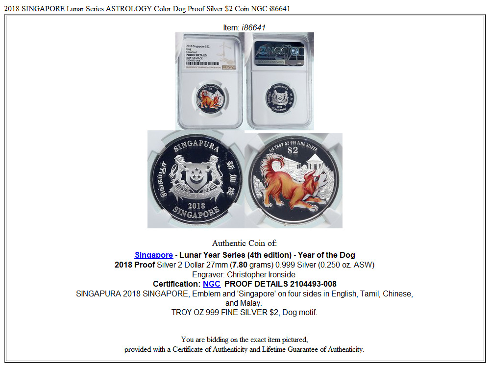 2018 SINGAPORE Lunar Series ASTROLOGY Color Dog Proof Silver $2 Coin NGC i86641