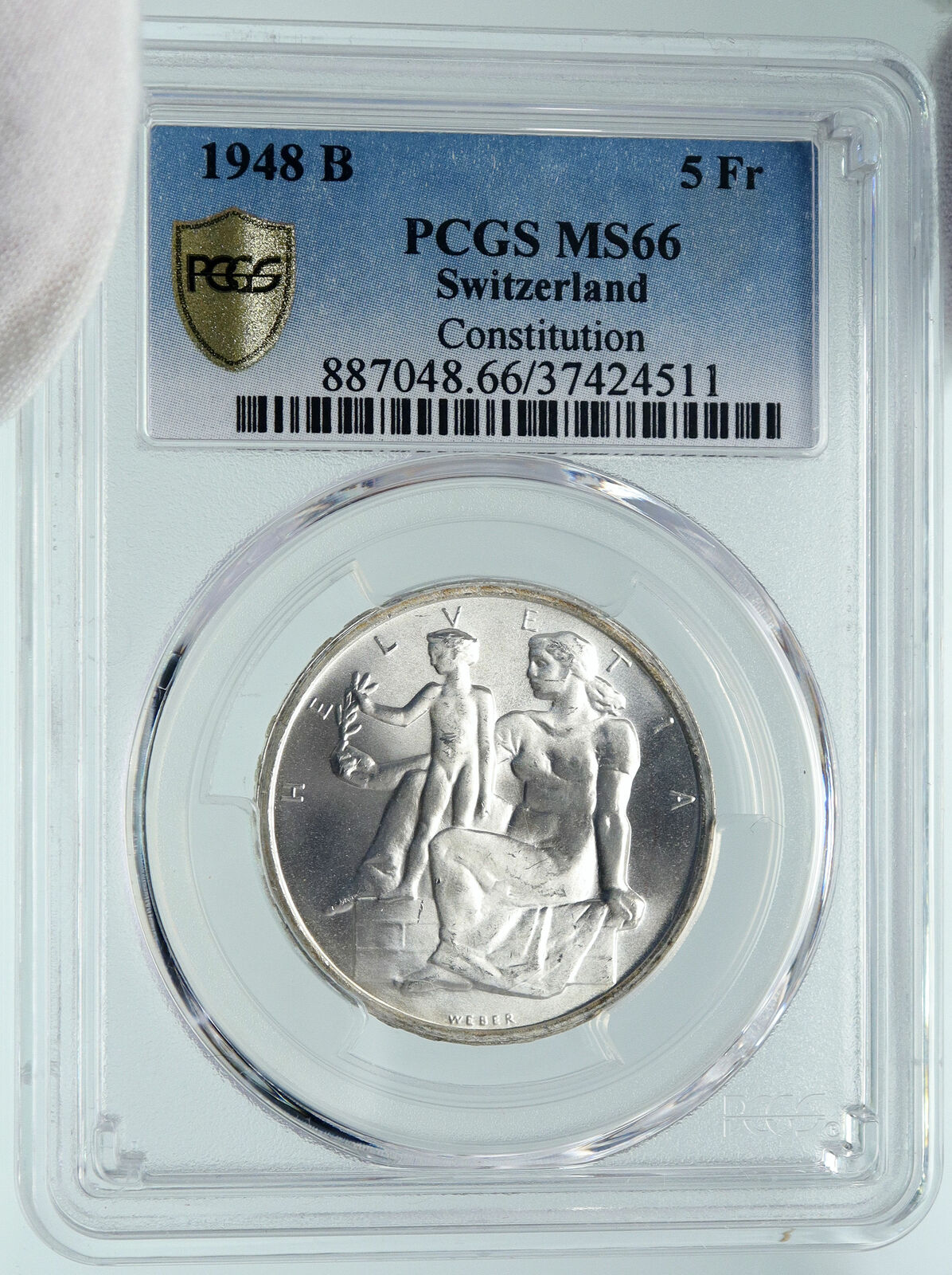 1948 SWITZERLAND Constitution Woman Child Silver 5 Franc Swiss Coin PCGS i86648