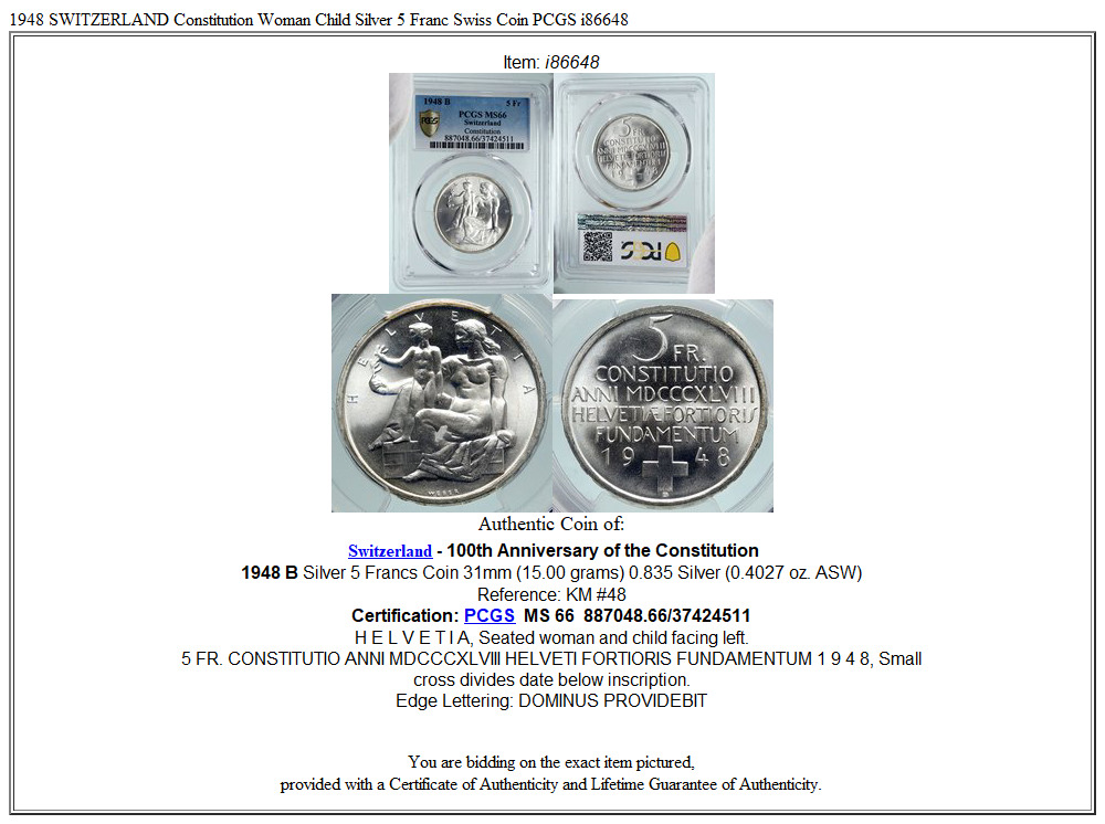 1948 SWITZERLAND Constitution Woman Child Silver 5 Franc Swiss Coin PCGS i86648